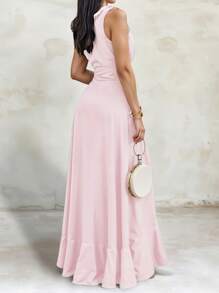 Women's Elegant Off Shoulder Deep V Neck Ruffle Leg Slit Maxi Dress - Baby Pink - View 4