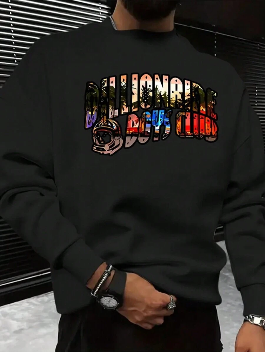 Pattern Print, Men's Versatile Long Sleeve Comfy Sweatshirt, Casual TopFor Spring Autumn, Men's Clothing Outdoor - 黑色 - 查看 1