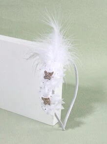1pc White Feather Headband For Girls,Tulle Butterfly Hair Band Fot Kids,Rhinestone Accessories Hair Accessories For Toddlers Daily Use