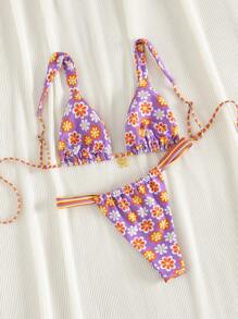 2pcs/Set New Soft Cup Adjustable Strap Printed Tie Front Elegant Party Bikini Swimwear, Summer Beach Fashion Swimwear For Women - Purple - View 2