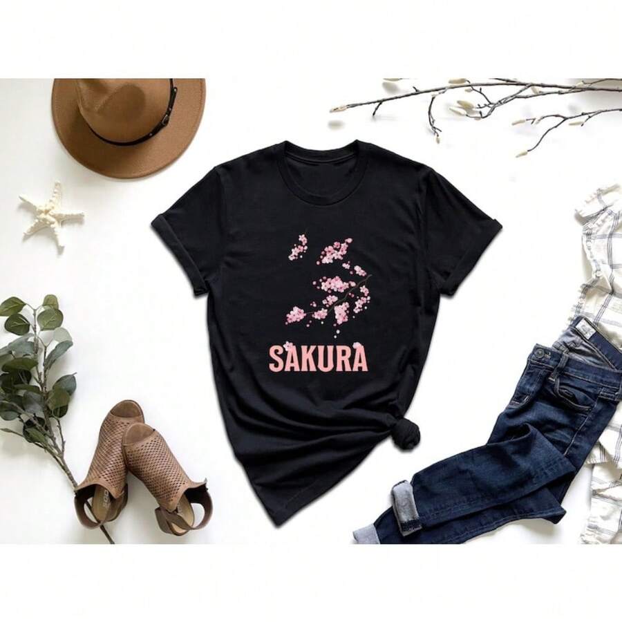 Sakura Shirt, Women Japanese Flower Shirt, Sakura Tree Shirt, Pink Cherry Blossom Tshirt, Japanese Cherry Shirt, Summer Shirt, Floral Tshirt - Black - View 1
