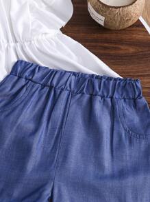 2pcs/Set Girls Fashion Elegant Ruffle Sleeve Round Neck Top And Floral Decorated Denim Effect Shorts Vacation Summer Set