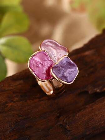 1 件时尚复古优雅休闲简约创意紫色油滴珐琅锌合金四叶草装饰可调节戒指，适合女性日常佩戴、宴会派对礼物