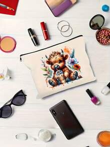 1pc Highland Cow Drinking Milk Tea With Floral Pattern Printing Fashion Toiletry Bag, Lightweight And Practical Cosmetic Bag-The Perfect Gift For Nature Lovers, Storage Bag, Zipper Closed (Random Direction), Ideal For Ramadan Gifts