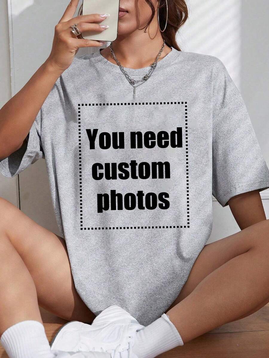 Customized Personalized Gifts, Cats - Customize A Women's T-Shirt With A Custom Printed Slogan, Add Your Own Text/Picture (Badge Pattern/Company Logo/Family Photo/Selfie) To Design Your Own Personalized Printed T-Shirt As A Gift For Girlfriends, Couple Dating Shirts, - Light Grey - View 1