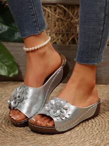 Women's Platform Wedge Slides, Waterproof, Anti-Slip, Summer Thick-Sole Floral Decor Lightweight Open Toe Sandals - Silver - View 2