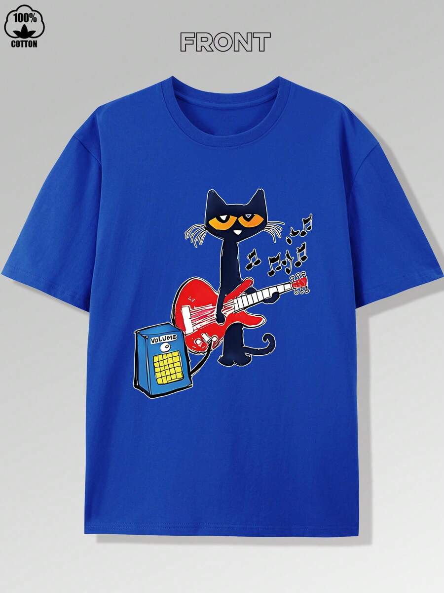 Dynamic Music Guitar Kitten Print T-Shirt – 220g, Pure Cotton Short Sleeve Round Neck Top, Fashionable Casual Premium Men's T-Shirt – High-Quality Cartoon Print Design, Soft And Breathable, Loose Fit, Perfect For Music Lovers And Kitten Enthusiasts - 藍色 - 查看 1