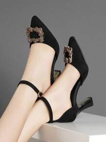 Women's Pointed Toe High Heel Pumps, Thick Heel With Hollow Design, Buckle And Rhinestone Decoration,Elegant,Party Outfits - Black - View 4