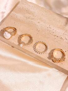 4 件套时尚复古金属几何珍珠戒指套装，适合女士、日常佩戴和节日礼物 - 彩色 - 查看 3