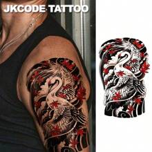 JKCODE TATTOO 东方鹤手臂纹身 - 黑色、红色、绿色水彩画丹顶鹤图腾臂章纹身贴纸 - 男士两用，神话图案临时纹身，适用于手/背部，持续 3-5 天 - 紅色 - 查看 6
