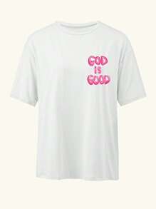 Camiseta de manga corta cuello redondo "Dios es bueno" para mujer cristiana, corte holgado informal y cómodo, impresión de letras rosas por ambos lados, prenda de moda minimalista