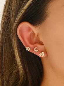 2pcs Zirconia Star & Moon Screw Earrings, Everyday & Gift For Women - Yellow Gold - View 3