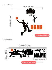1pc Basketball Player Shooting Cartoon Wall Sticker, Customizable Text Wall Decal, Removable PVC Wall Art Decor For Bedroom, Living Room, Office, School Classroom - Black - View 4