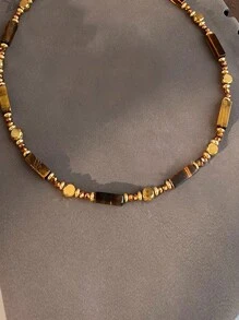 Retro Elegant Layered Tiger Eye Stone Pendant Necklace For Women Stainless Steel Double-Layer Collarbone Chain Sets Jewelry, Ladies' Daily Party Accessories, Fashionable Jewelry, Best Friend Gifts(Natural Stone Color Random)
