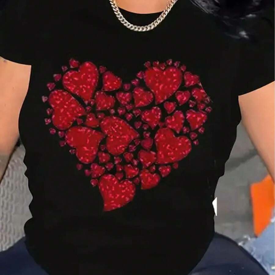 Printed Round Neck Women Womens Lover Heartgraphic O Neck Shirt Valentinesday Funny Couple Matchingcasual Short Sleeve Gift Tee - Black - View 1