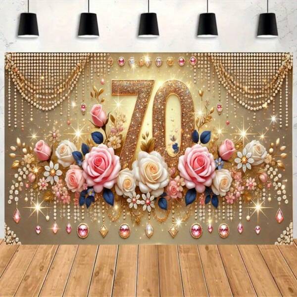 1pc Elegant 70th Birthday Polyester Backdrop Banner - Shiny Champagne And Gold Ribbon Design, Perfect For Home And Garden Anniversary Celebration, Photo Booth Props, No Power Required