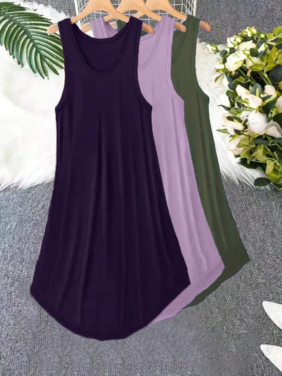 3pcs/Set Plus Size Women Basic Casual Dress Set, Loose Round Neck Solid Color Tank Nightgown, Suitable For Spring, Summer, All Seasons, Moo Moo - Multicolor - View 1
