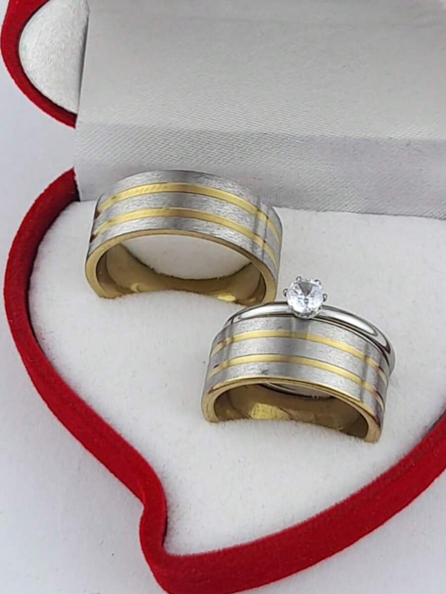 Pair Of Brushed Silver Wedding Rings, Inner Part And Wide Gold Stripes, Comes With Solitaire Ring And Box - 銀色 - 查看 1