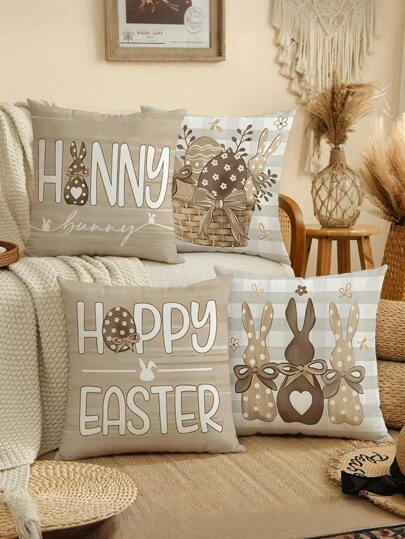 4pcs/1pc Easter Happy Pillowcase, Rabbit, Flower Basket, And Easter Egg Pattern Cushion Cover, Party Decoration Pillowcase, Used For Decorating Living Rooms, Sofas, And Bedrooms | 18x18 Inches | Zipper Closure | Soft And Comfortable Fabric Fade Resistant, Machine Washable, Suitable For Easter Party Decoration, Spring Decoration, And Home Decoration. No Pillow Core