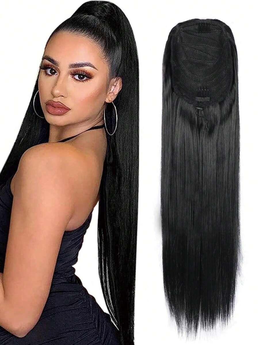 Extensiones De Cola De Caballo Con Cordón, Cola De Caballo Falsa Larga Y Recta Con Clip Natural, Extensión De Cabello Sintético Resistente Al Calor Y Suave - Negro - Ver 1