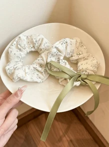 1pc Ditsy Floral Bow Scrunchie, Oversized, Fresh Green, Cute & Gentle Vibe - Green - View 3