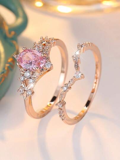 2 Peças Conjunto de Anéis Femininos Oval Elegantes com Zircônia Cúbica Rosa, Banhado a Ouro Rosa, Luxo para Casamento, Festa, Uso Diário, Acessório Brilhante