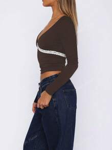 Women's Y2K Sexy Slim-Fit Lace Trim Deep U-Neck Long Sleeve Top