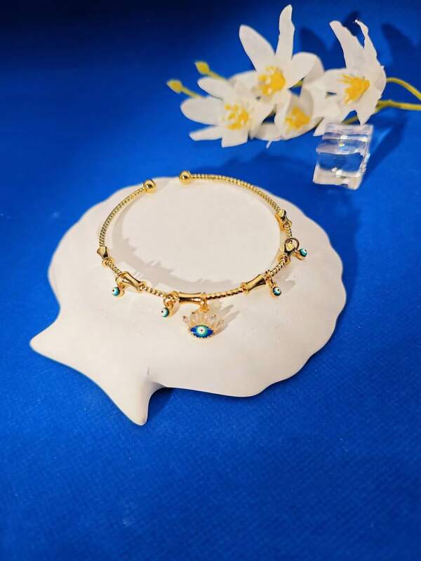 1pc Fashionable & Luxurious Open Bangle, Copper Plated 18K Gold, Turkish Blue Eye Decor