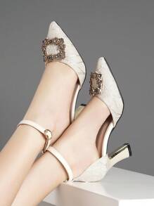 Fall/Winter 2025 Women's Pointed Toe High Heel Sandals, Thick Heel, Hollow Out, Buckle & Rhinestone Decor,Elegant,Women Pumps,Party Outfits - Apricot - View 3