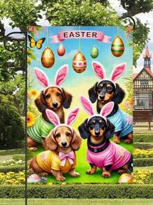 1pc Easter Bunny Welcome Garden Banner - Double Sided, Multifunctional Outdoor/Interior Decoration, Spring & Summer Holiday Decoration, Suitable For Outdoor Yard Garden & Patio Use, With Hunting Dog, Rabbit, Easter Egg Design, House Flag, Home Decoration, Outdoor Decoration, Patio Decoration, Garden Decoration. 14.17*18.50 Inches - Linen Material - No Electricity Required.