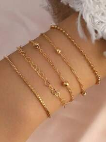 Conjunto de 5 peças de pulseiras femininas da moda, pulseira minimalista delicada de metal com corrente de coração, pulseira personalizada com pequenas contas metálicas, adequada para uso diário e presente