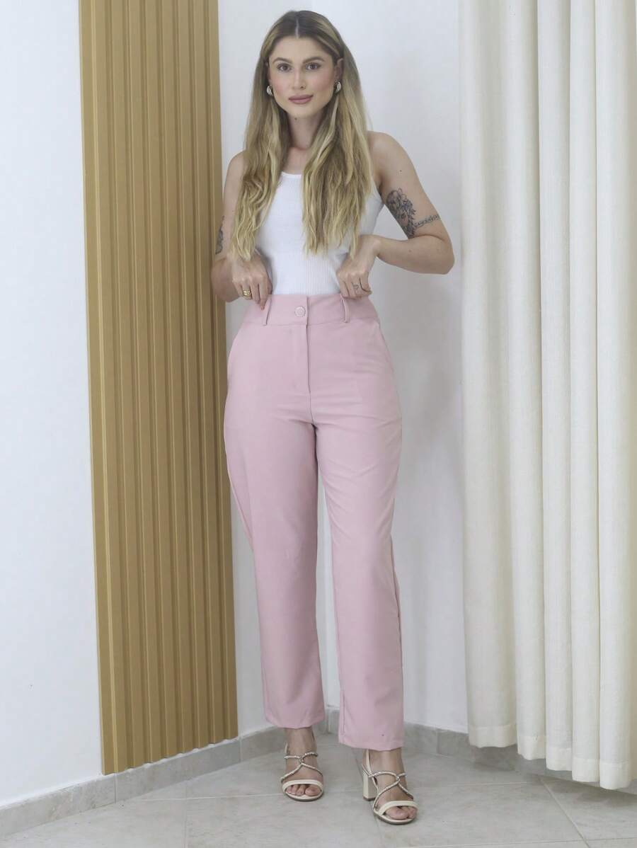 Women's Refreshing Plain Tailored Trousers With Button - Maxma 6631 - Rosa Oxidada - Ver 1