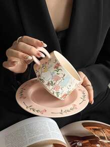 1 Set Cute Rabbit Coffee Cup & Saucer Set - Vintage Ceramic, Suitable For Afternoon Tea, Also Perfect For Parties, Thanksgiving, And Back To School Season - Rabbit In the Flowers Coffee Cup and Saucer - View 5