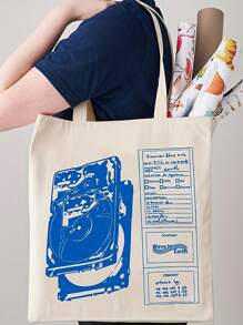 1pc "Wave To Earth Summer Flows" Pattern Retro Record Graphics Canvas Tote Bag, Reusable Shopper Bag For Men And Women, Canvas Top Handle Bag Hand Bag Print Shoulder Bag - Multicolor - View 1