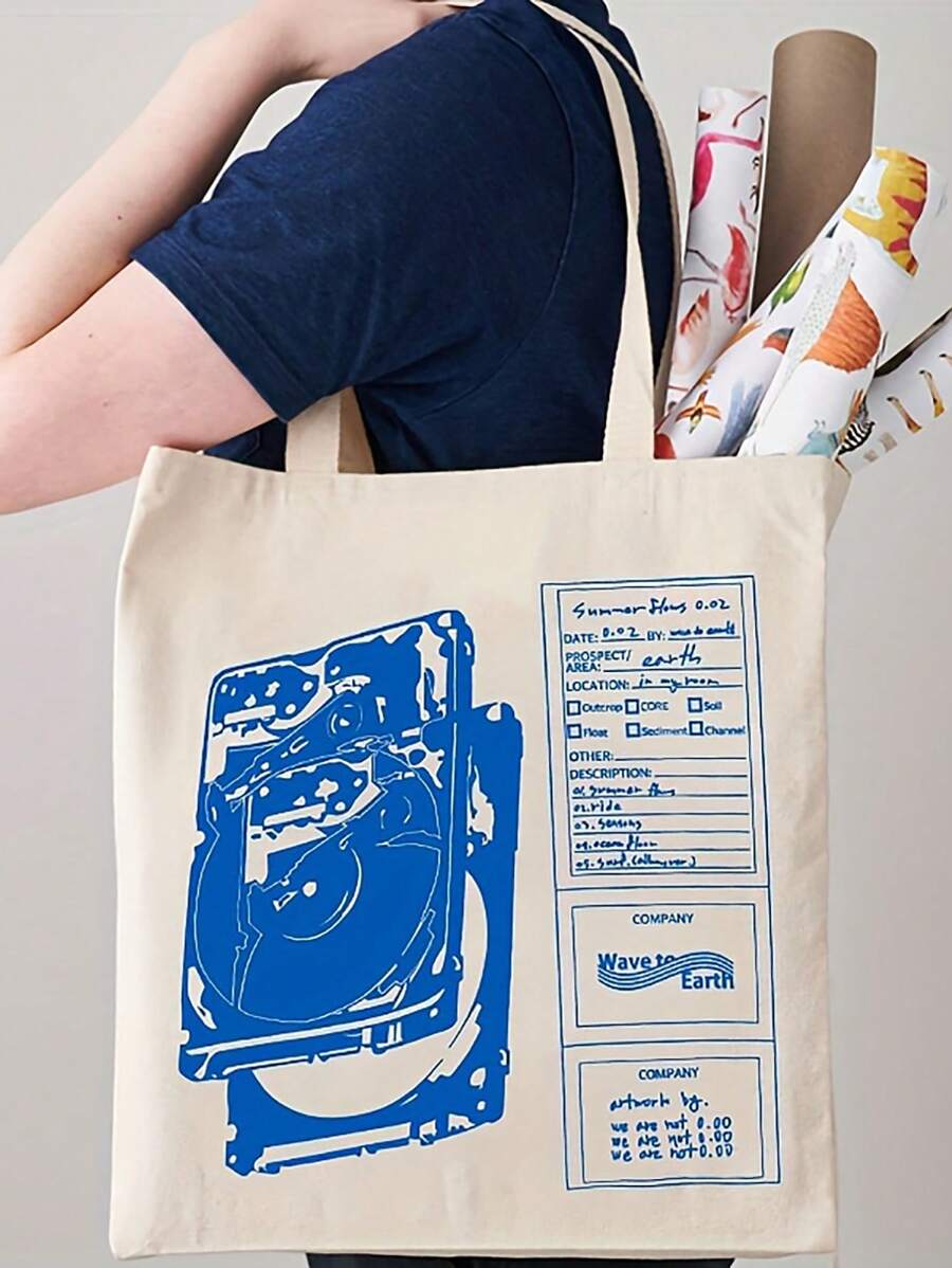 1pc "Wave To Earth Summer Flows" Pattern Retro Record Graphics Canvas Tote Bag, Reusable Shopper Bag For Men And Women, Canvas Top Handle Bag Hand Bag Print Shoulder Bag - Multicolor - View 1