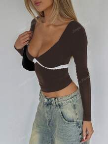 Women's Y2K Sexy Slim-Fit Lace Trim Deep U-Neck Long Sleeve Top