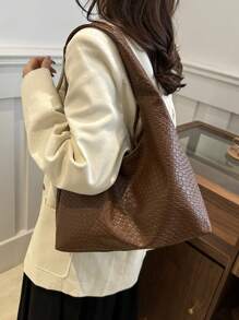 Bolso de hombro de PU con forma de media luna tejido y monedero para mujer de moda