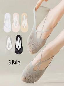 5 Pairs Solid Color Bow Cartoon Women Summer Thin Mesh Breathable Invisible Socks With Silicone Anti-Slip Boat Socks