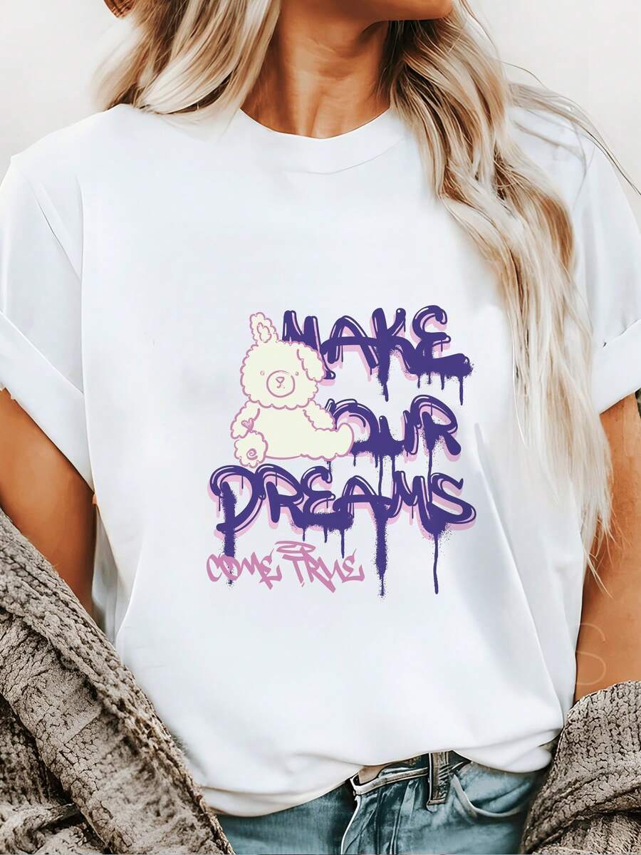 Popular Graffiti Bear Print T-Shirt, Comfortable And Versatile Top, Ideal For Summer Outdoor Activities Or Casual Wear