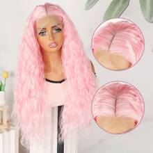 Peluca rizada suelta y larga de 26 pulgadas con encaje frontal 13x4, sin pegamento, con cabello bebé, línea del cabello natural, color rosa claro, de fibra sintética resistente al calor, para mujeres y niñas, para uso diario, fiesta, cosplay y Halloween, con una densidad del 180%