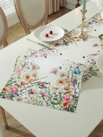 1pc Table Runner, Delicate Colorful Digital Printing Butterfly & Floral Pattern, Suitable For Fresh Spring/Summer Atmosphere, All Season Use, Can Be Used As Kitchen, Dining Table, Room Decor, Pink Table Mat, Desk, Coffee Table, Vanity, Microwave Towel, Home Decoration, Placemat, Picnic Mat For Living Room, Bedroom, Yard, Indoor Outdoor, Outdoor Furniture, Camping, Villa, Holiday Party, Home Gathering, Party, Wedding Decorations, Available In Various Sizes