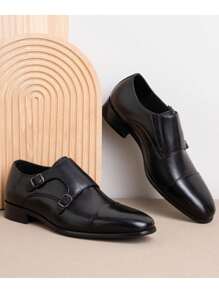 SHOESMALL Men's Dress Loafers Leather Double Monk Strap Oxford Slip On Cap Toe Dress Black Shoes For Men - AMY9028-黑色 - 查看 5