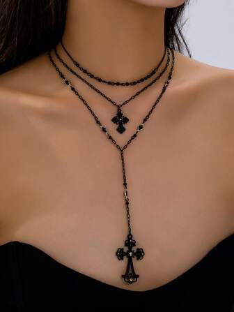 3 Pcs Black Color Beads Cross Necklaces Set For Women Fashion Necklace Y Chain Necklace