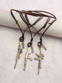 3pcs/Set Vintage Gun Shaped Alloy Pendant Fashion Necklace, Antique Silver & Bronze Color, Unisex Necklace Including Brown Leather Pendant Rope