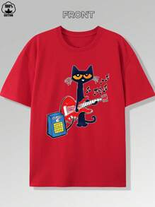 Dynamic Music Guitar Kitten Print T-Shirt – 220g, Pure Cotton Short Sleeve Round Neck Top, Fashionable Casual Premium Men's T-Shirt – High-Quality Cartoon Print Design, Soft And Breathable, Loose Fit, Perfect For Music Lovers And Kitten Enthusiasts - 紅色 - 查看 1