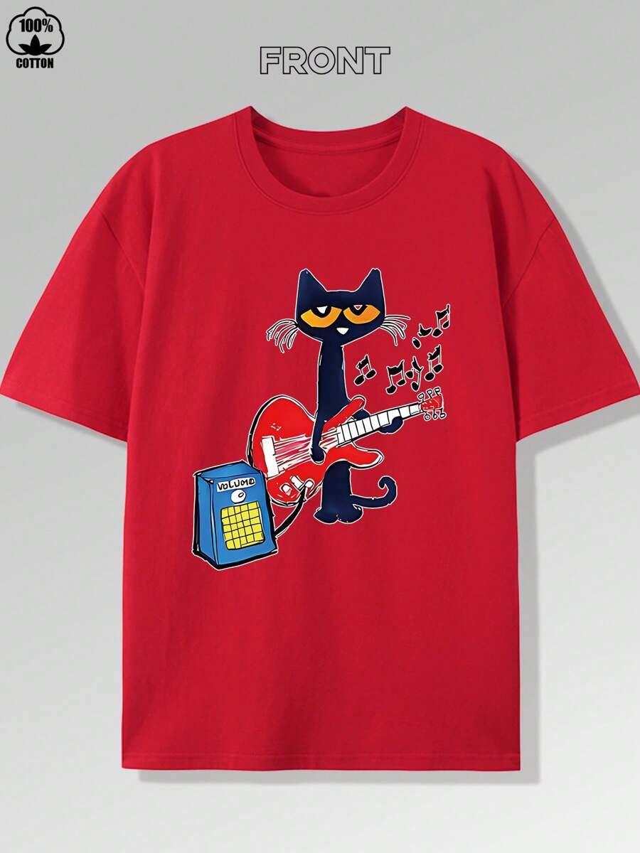 Dynamic Music Guitar Kitten Print T-Shirt – 220g, Pure Cotton Short Sleeve Round Neck Top, Fashionable Casual Premium Men's T-Shirt – High-Quality Cartoon Print Design, Soft And Breathable, Loose Fit, Perfect For Music Lovers And Kitten Enthusiasts - 紅色 - 查看 1