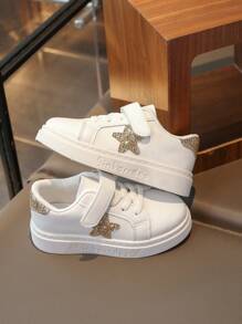 1 双儿童休闲运动鞋，带星星亮片设计，时尚软底透气防滑男孩/女孩跑步鞋 - 金色 - 查看 3