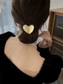 1pc Elegant Fashion Versatile Hair Tie, Metallic Heart Shaped Scrunchie, High Elasticity Ponytail Holder For Daily Use - Gold - View 1