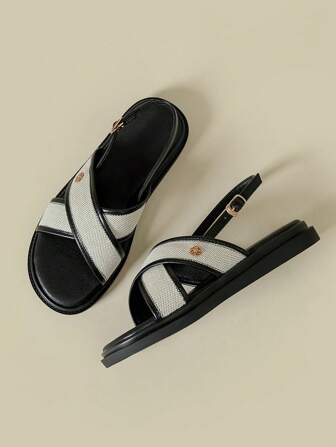 Sandalias de mujer con suela gruesa, correa y hebilla, decoración de botón de color block, estilo bohemio retro de tejido, punta abierta antideslizante y cómoda, nuevas cuñas de plataforma para verano, ropa de playa, primavera/otoño, talla extra grande 41-43, negro