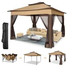 tooluck Pop-Up Gazebo Tent Simple Outdoor Gazebo Waterproof Upgrade Portable Gazebo With Mosquito Net Double Ventilated Roof And Carrying Bag For Yard Garden ﻿ - 咖啡棕 - 查看 1